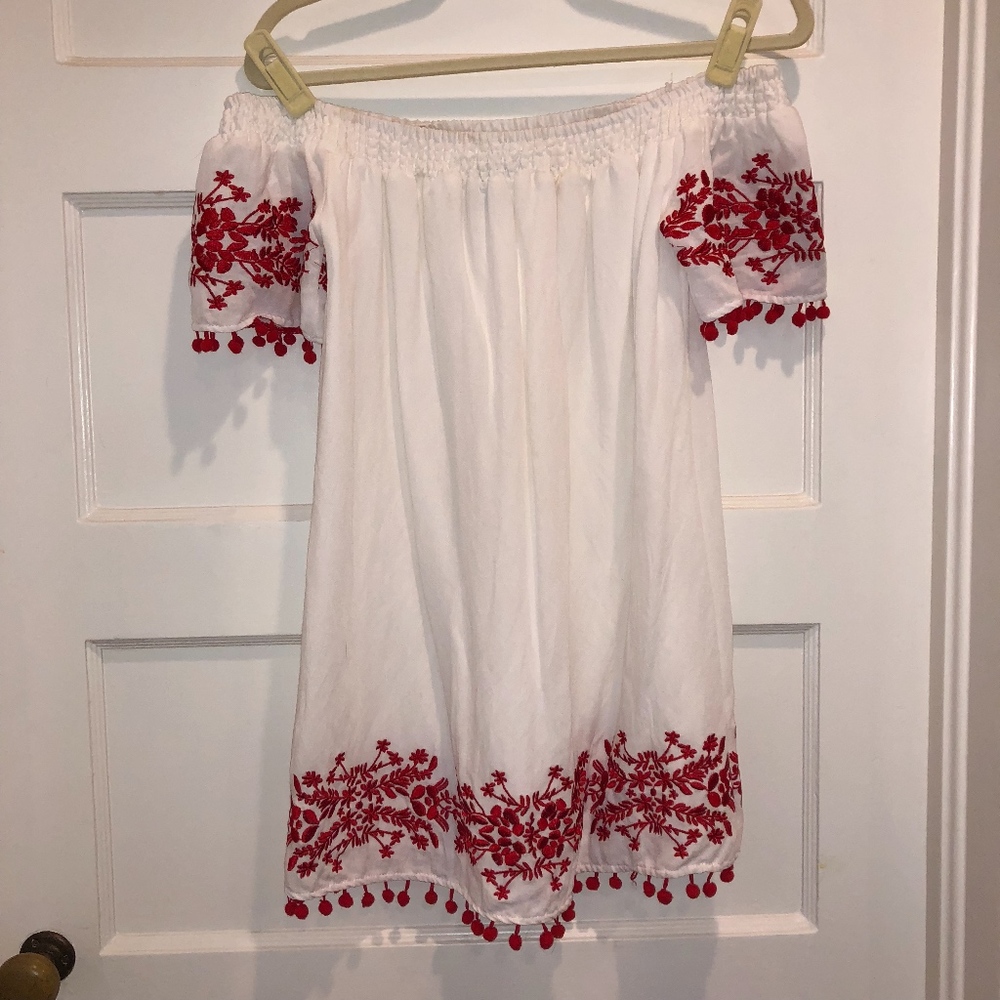 Off the Shoulder Sundress with Pom Poms - S